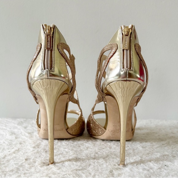 Jimmy Choo Leslie Gold Champagne Glitter Strappy Caged Heels Sandals Size EU 38 - Picture 8 of 14